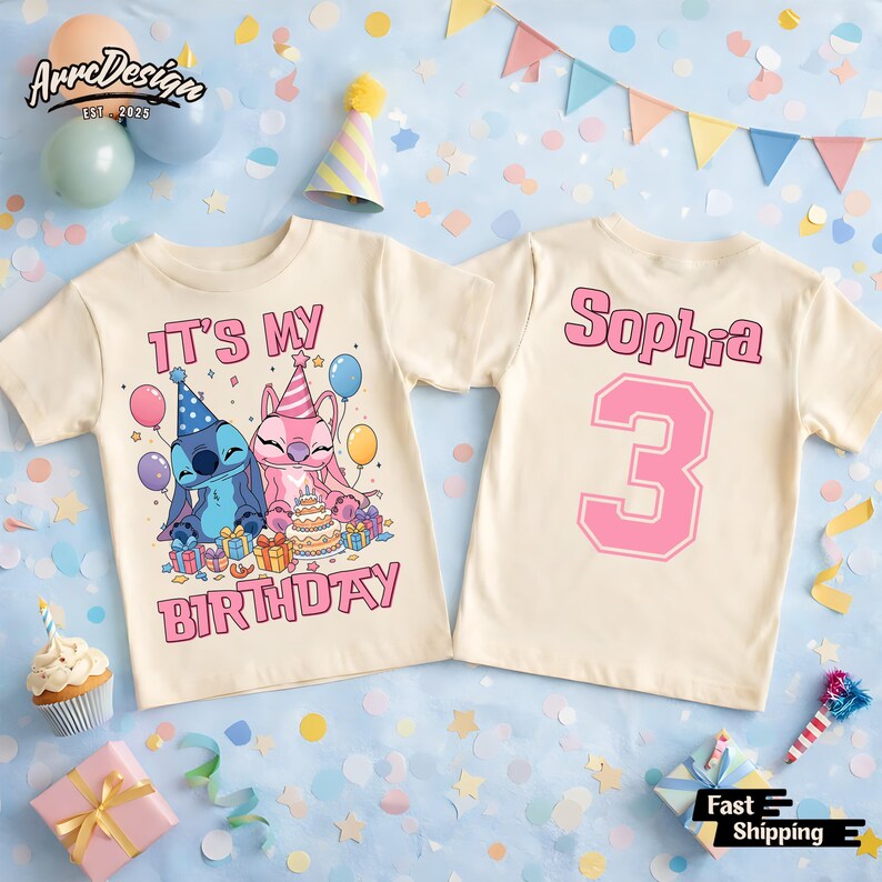 Personalized Stitch Angel Birthday Shirt, Custom Name Birthday Girl Tee, Hawaii Theme Outfit