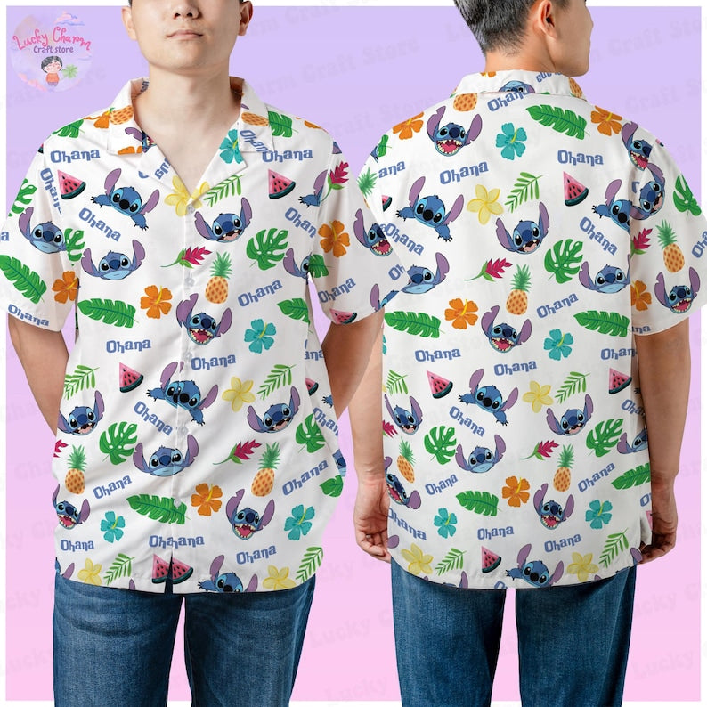 Custom Name Disney Stitch Vacation Outfit, Personalized Stitch Aloha Hawaiian Shirt, Family Matching Shirt, Cute Stitch Beach Shirt for Kids