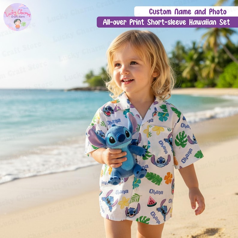 Custom Name Disney Stitch Vacation Outfit, Personalized Stitch Aloha Hawaiian Shirt, Family Matching Shirt, Cute Stitch Beach Shirt for Kids