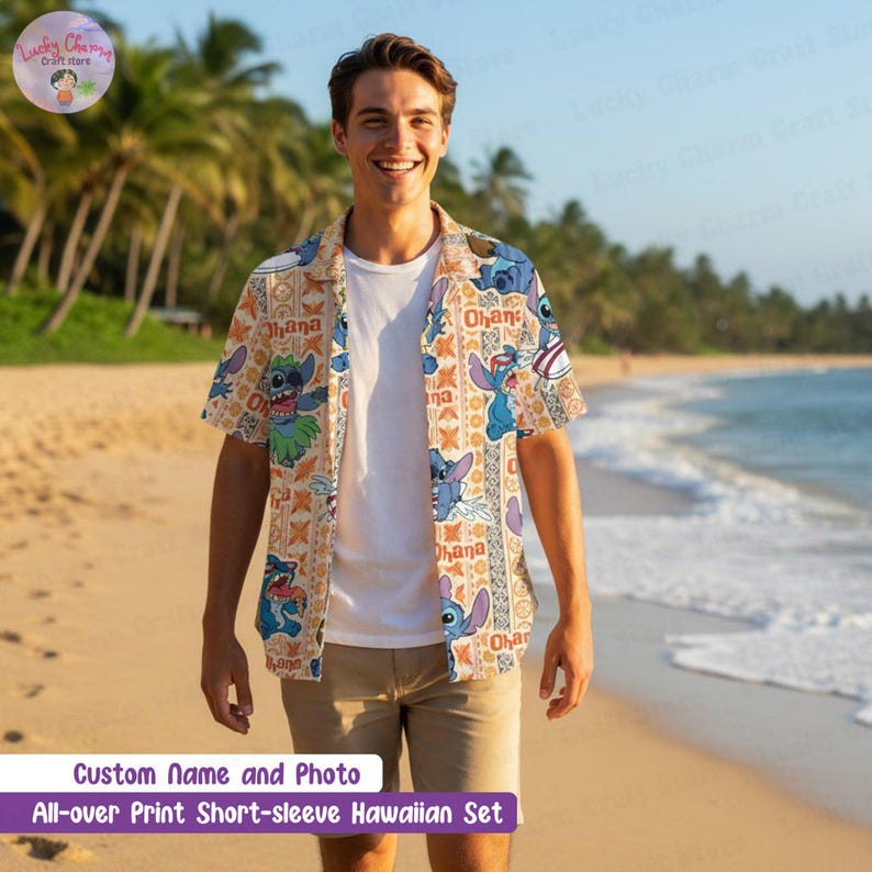 Custom Name Disney Stitch Vacation Outfit, Personalized Stitch Aloha Hawaiian Shirt, Family Matching Shirt, Cute Stitch Beach Shirt for Kids
