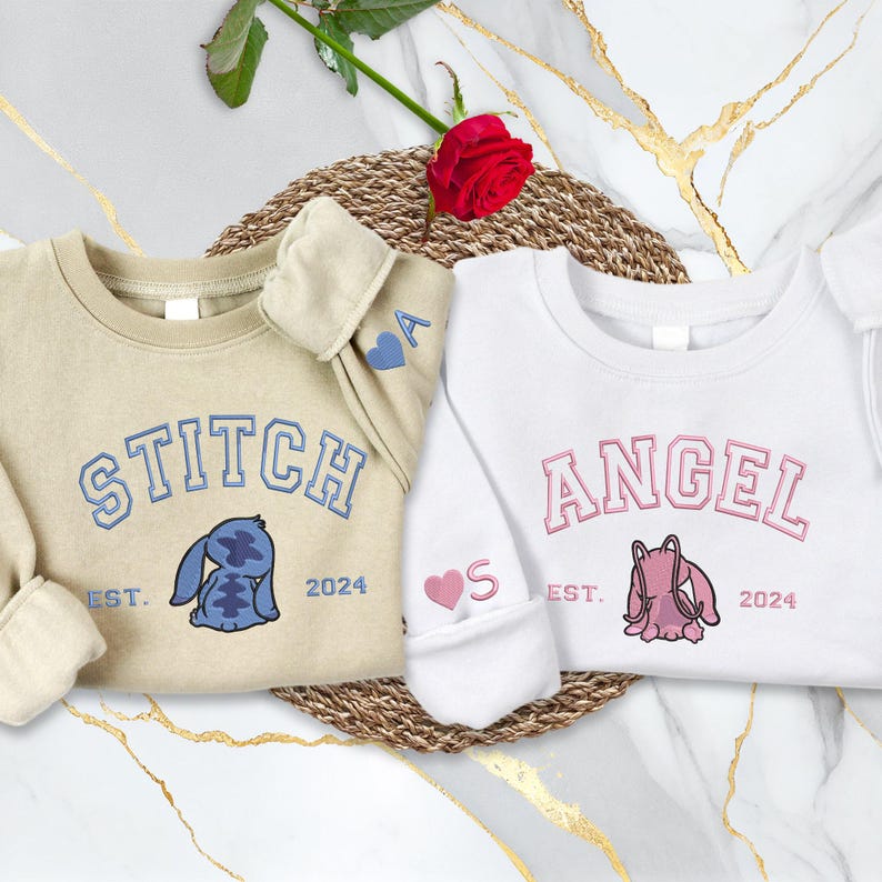 Embroidered Stitch Angel Couple Sweatshirt, Matching Anniversary Valentine Hoodie