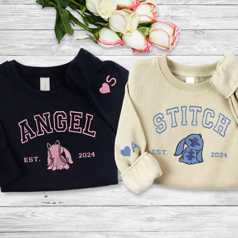Embroidered Stitch Angel Couple Sweatshirt, Matching Anniversary Valentine Hoodie