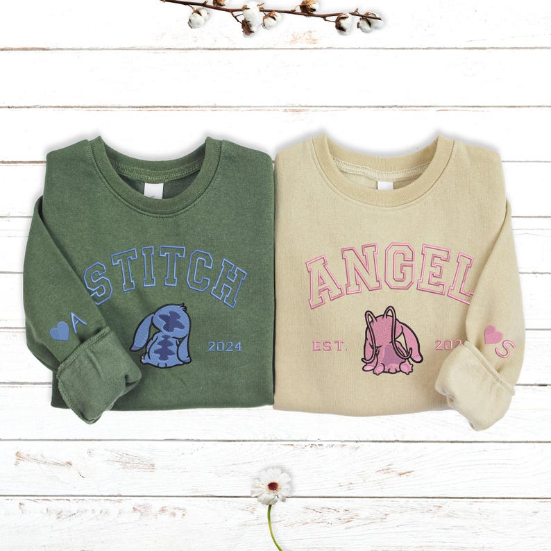Embroidered Stitch Angel Couple Sweatshirt, Matching Anniversary Valentine Hoodie