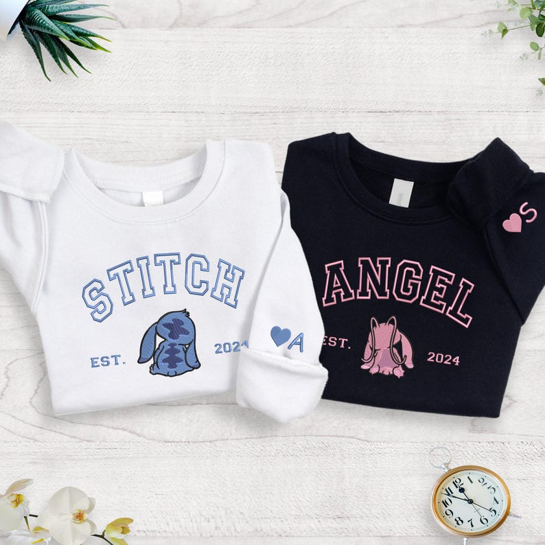 Embroidered Stitch Angel Couple Sweatshirt, Matching Anniversary Valentine Hoodie