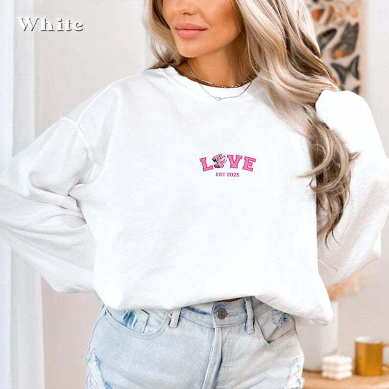 Embroidered Stitch & Angel Couple Sweatshirt, Personalized Couple Sweatshirt, Disney Matching Sweatshirt, Anniversary Matching Sweatshirt