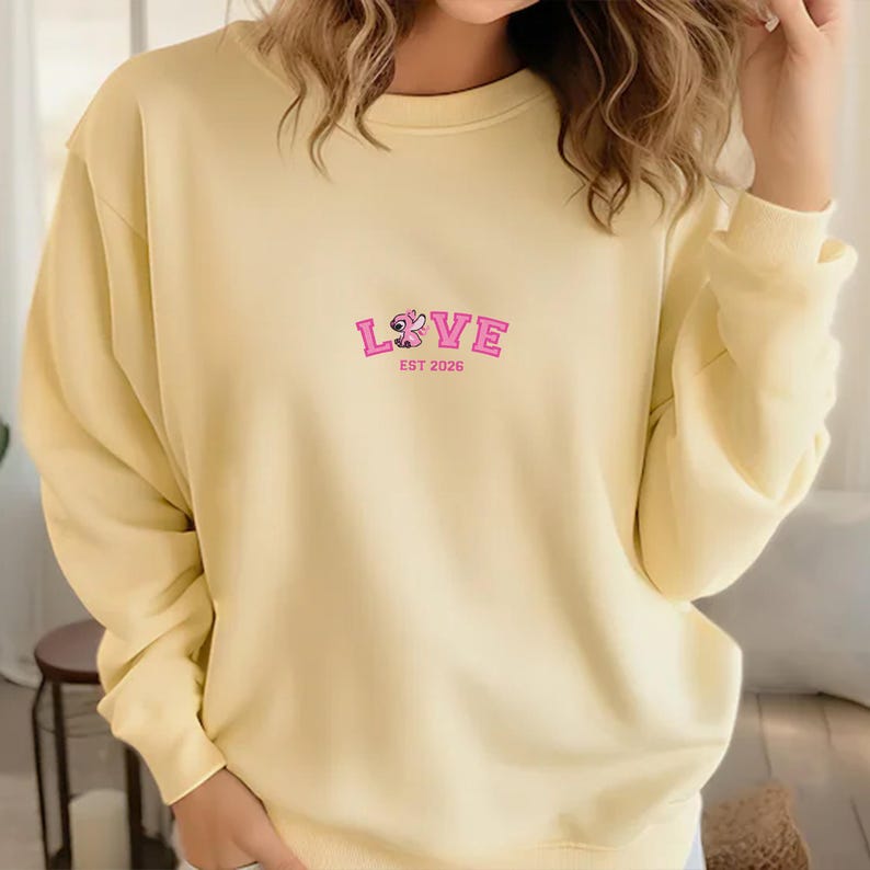 Embroidered Stitch & Angel Couple Sweatshirt, Personalized Couple Sweatshirt, Disney Matching Sweatshirt, Anniversary Matching Sweatshirt