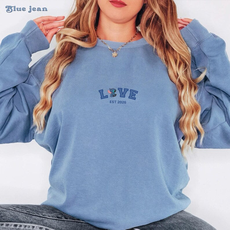 Embroidered Stitch & Angel Couple Sweatshirt, Personalized Couple Sweatshirt, Disney Matching Sweatshirt, Anniversary Matching Sweatshirt