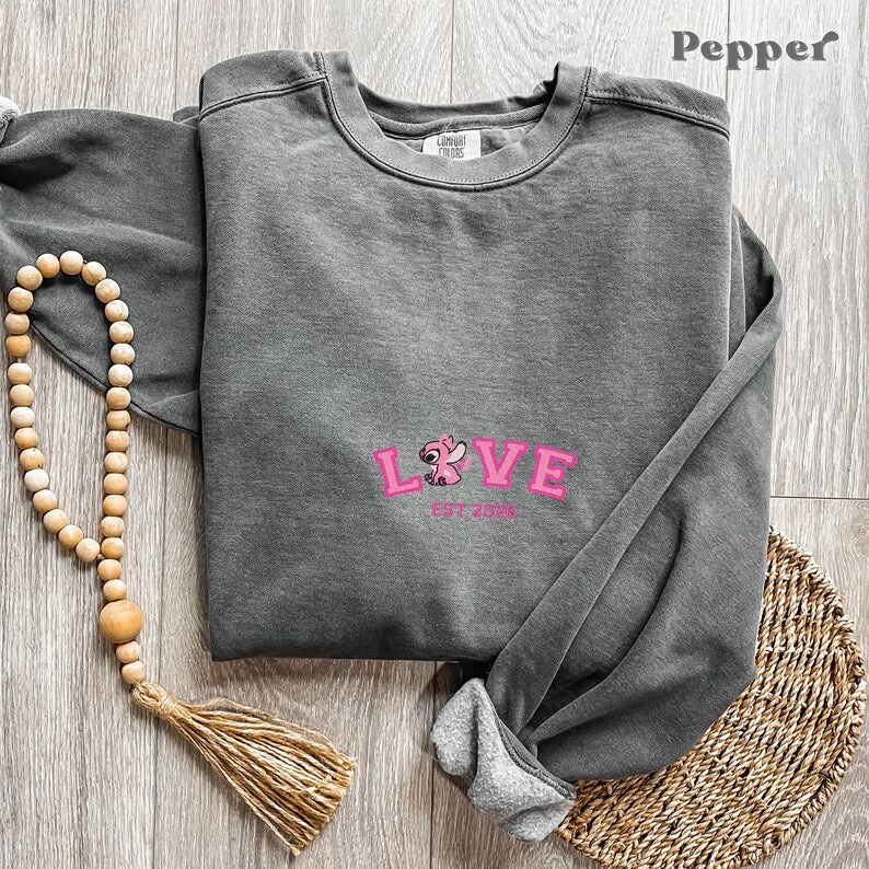 Embroidered Stitch & Angel Couple Sweatshirt, Personalized Couple Sweatshirt, Disney Matching Sweatshirt, Anniversary Matching Sweatshirt