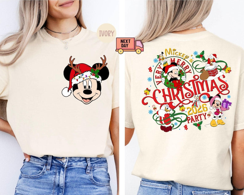 Comfort Colors® 2-Sided Mickey's Very Merry Christmas Party 2026 Shirt, Disney Santa Mickey And Friends Group Christmas Lights Shirt