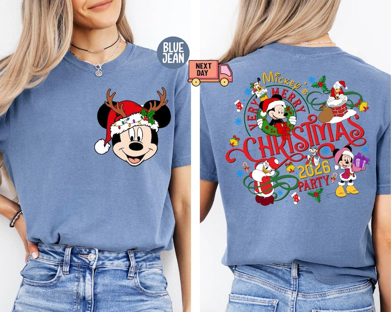 Comfort Colors® 2-Sided Mickey's Very Merry Christmas Party 2026 Shirt, Disney Santa Mickey And Friends Group Christmas Lights Shirt