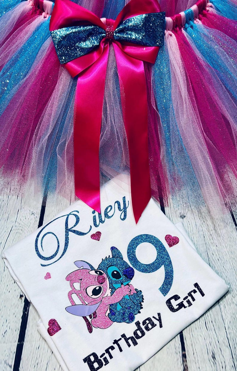Stitch and Angel Birthday Outfit Girl, Personalized 10th Birthday Outfit, Blue Pink Tutu Set, Custom Name Shirt, Cake Smash Outfit, Disney B