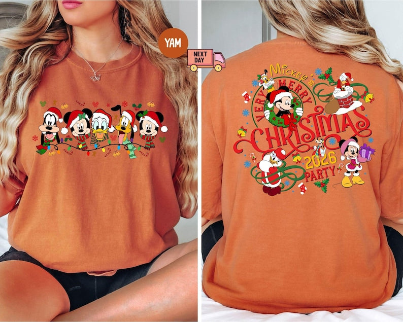 Comfort Colors® 2-Sided Mickey's Very Merry Christmas Party 2026 Shirt, Disney Santa Mickey And Friends Group Christmas Lights Shirt