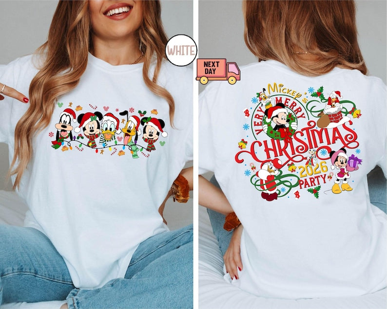 Comfort Colors® 2-Sided Mickey's Very Merry Christmas Party 2026 Shirt, Disney Santa Mickey And Friends Group Christmas Lights Shirt
