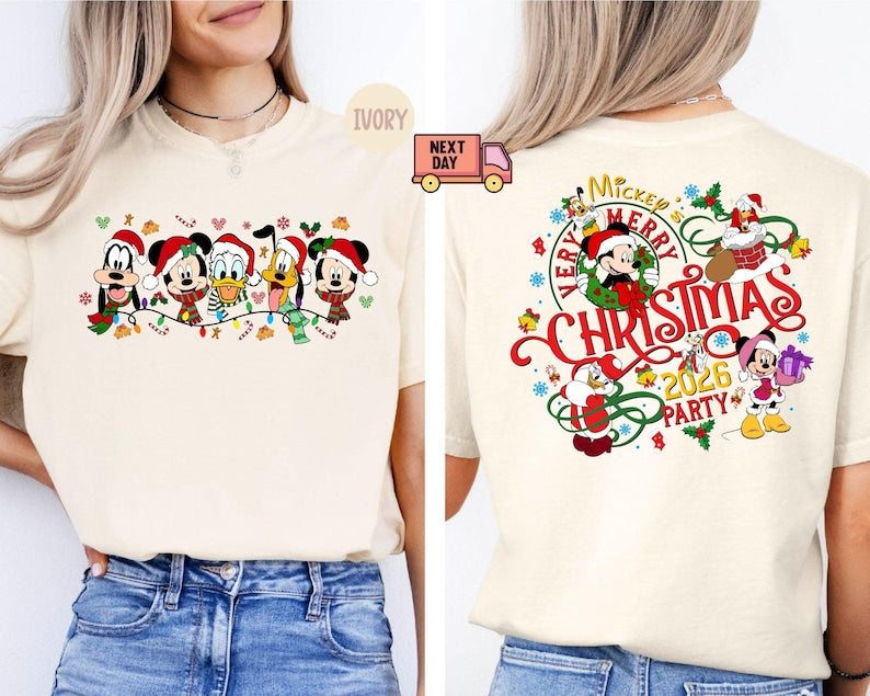 Comfort Colors® 2-Sided Mickey's Very Merry Christmas Party 2026 Shirt, Disney Santa Mickey And Friends Group Christmas Lights Shirt