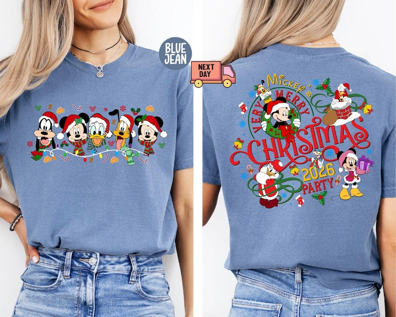 Comfort Colors® 2-Sided Mickey's Very Merry Christmas Party 2026 Shirt, Disney Santa Mickey And Friends Group Christmas Lights Shirt