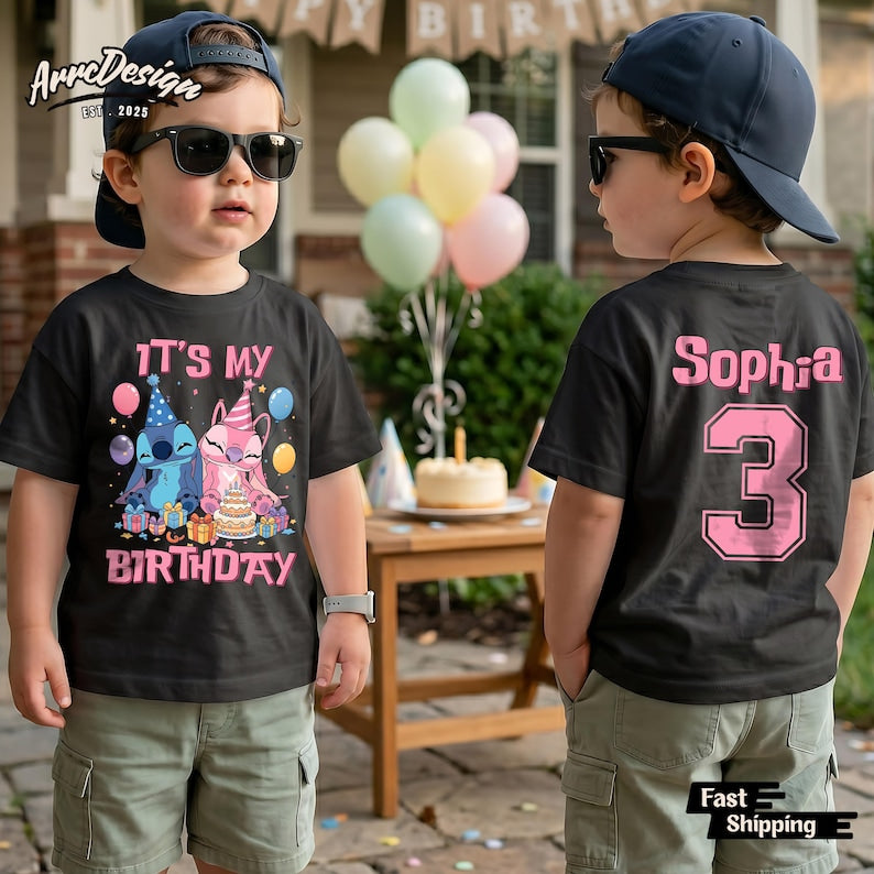 Personalized Stitch Angel Birthday Shirt, Custom Name Birthday Girl Tee, Hawaii Theme Outfit