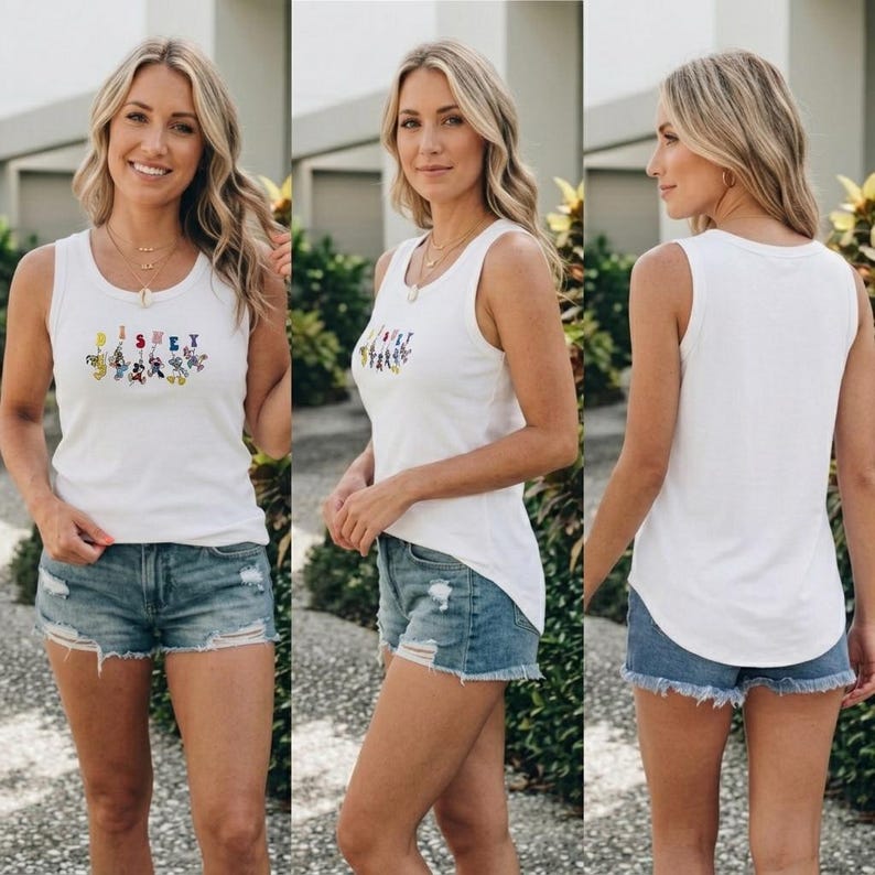 Embroidered Disney Characters Loose Fit Tank Top, Mickey Minnie Donald Daisy Goofy Pluto Shirt, Cartoon Letter Design Tank
