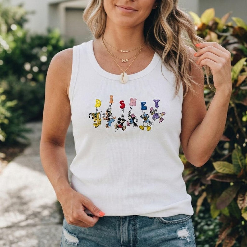 Embroidered Disney Characters Loose Fit Tank Top, Mickey Minnie Donald Daisy Goofy Pluto Shirt, Cartoon Letter Design Tank