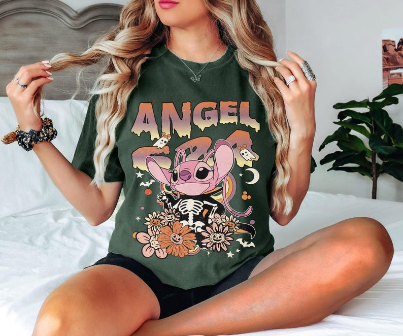Retro Stitch And Angel Skeleton Halloween Shirts, Floral Disney Halloween Shirt, Halloween Family Matching Shirt, Halloween Party Shirt