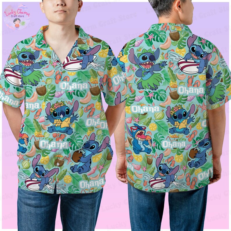 Custom Name Disney Stitch Vacation Outfit, Personalized Stitch Aloha Hawaiian Shirt, Family Matching Shirt, Cute Stitch Beach Shirt for Kids