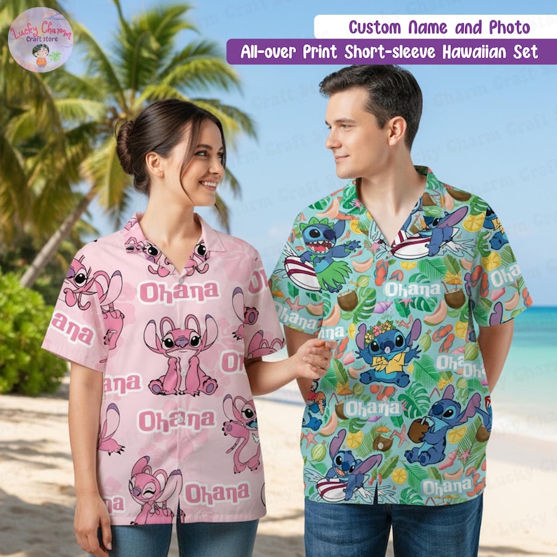 Personalized Angel Stitch Hawaiian Shirt, Custom Name Pink Ohana Disney Vacation Outfit, Stitch Family Matching Shirt, Gift for Her or Kids