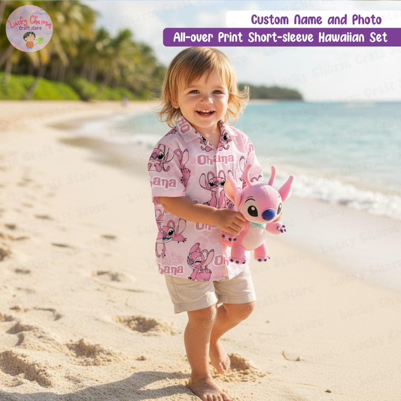 Personalized Angel Stitch Hawaiian Shirt, Custom Name Pink Ohana Disney Vacation Outfit, Stitch Family Matching Shirt, Gift for Her or Kids