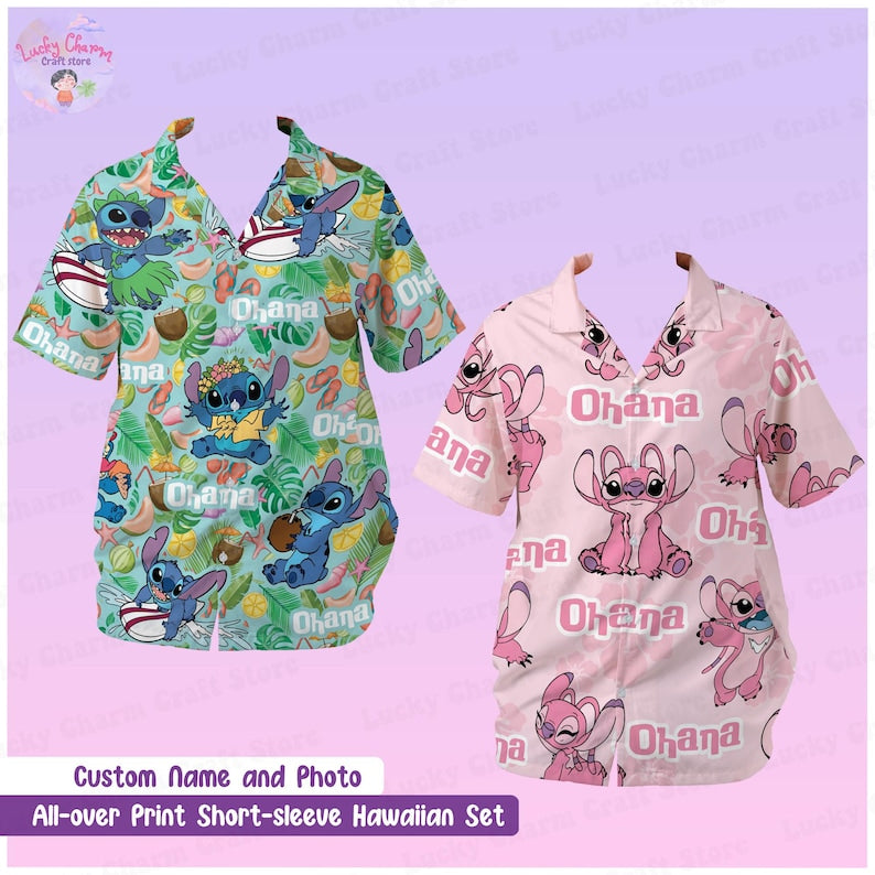 Personalized Angel Stitch Hawaiian Shirt, Custom Name Pink Ohana Disney Vacation Outfit, Stitch Family Matching Shirt, Gift for Her or Kids