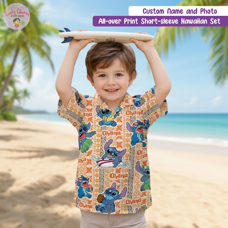 Custom Name Disney Stitch Vacation Outfit, Personalized Stitch Aloha Hawaiian Shirt, Family Matching Shirt, Cute Stitch Beach Shirt for Kids