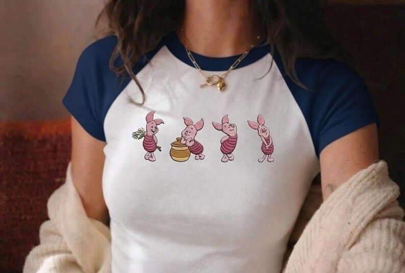 Embroidered Piglet Story Raglan Baby Tee, Walking Character Sequence Shirt, Retro Winnie The Pooh Disney Outfit