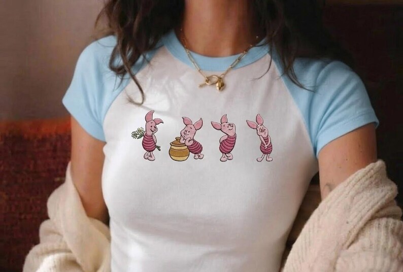 Embroidered Piglet Story Raglan Baby Tee, Walking Character Sequence Shirt, Retro Winnie The Pooh Disney Outfit