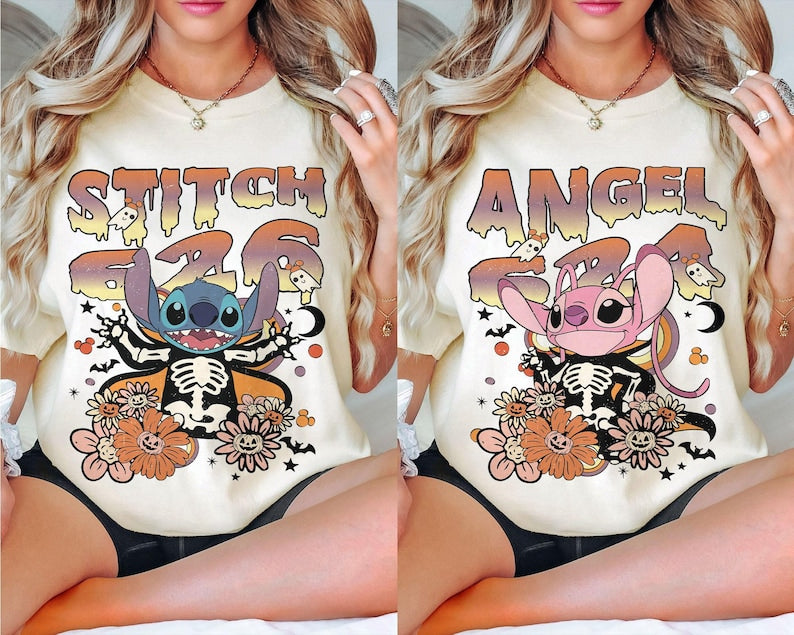 Retro Stitch And Angel Skeleton Halloween Shirts, Floral Disney Halloween Shirt, Halloween Family Matching Shirt, Halloween Party Shirt