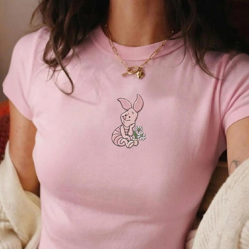 Embroidered Piglet and Friends Baby Tee Crop Top, Winnie The Pooh Girls Trip Shirt, WDW Disneyland Outfit Tee