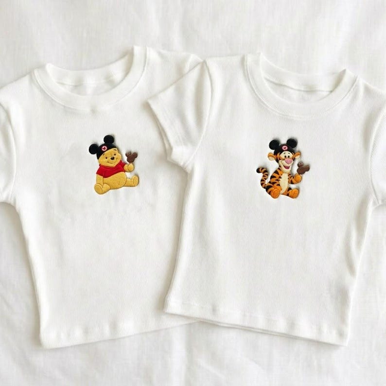 Custom Embroidered Winnie the Pooh and Friends Baby Tee, Pooh Mickey Ears Disney Crop Tee, Mickey Ice Cream Shirt, Disney Vacation Outfit