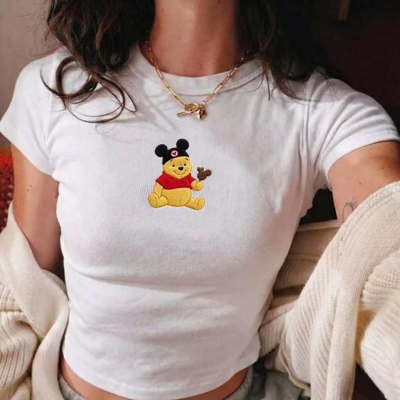 Custom Embroidered Winnie the Pooh and Friends Baby Tee, Pooh Mickey Ears Disney Crop Tee, Mickey Ice Cream Shirt, Disney Vacation Outfit