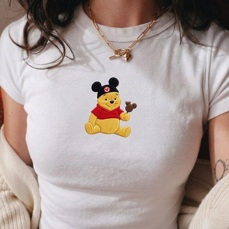 Custom Embroidered Winnie the Pooh and Friends Baby Tee, Pooh Mickey Ears Disney Crop Tee, Mickey Ice Cream Shirt, Disney Vacation Outfit