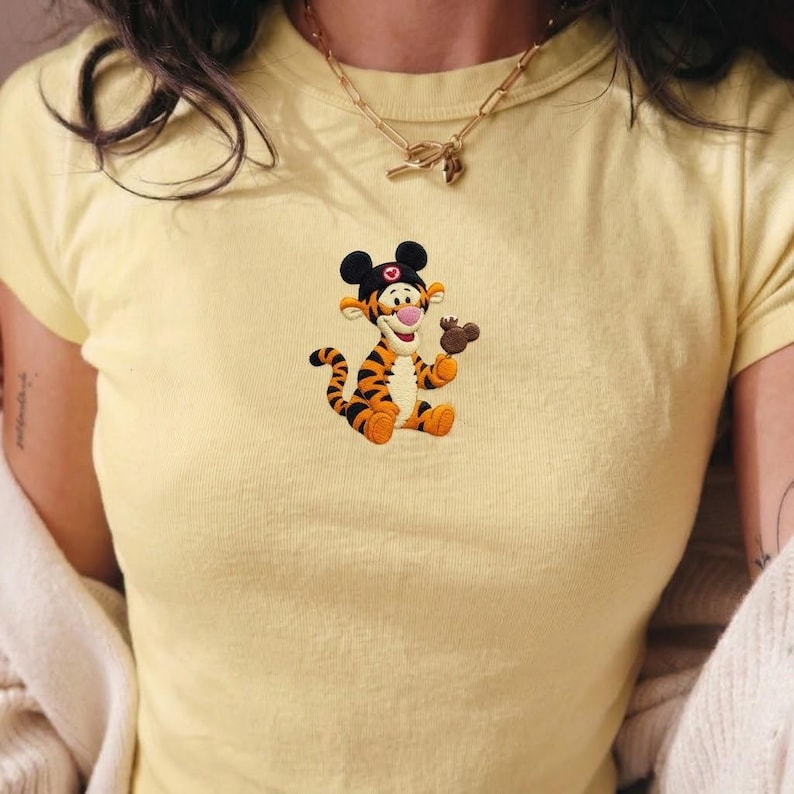 Custom Embroidered Winnie the Pooh and Friends Baby Tee, Pooh Mickey Ears Disney Crop Tee, Mickey Ice Cream Shirt, Disney Vacation Outfit