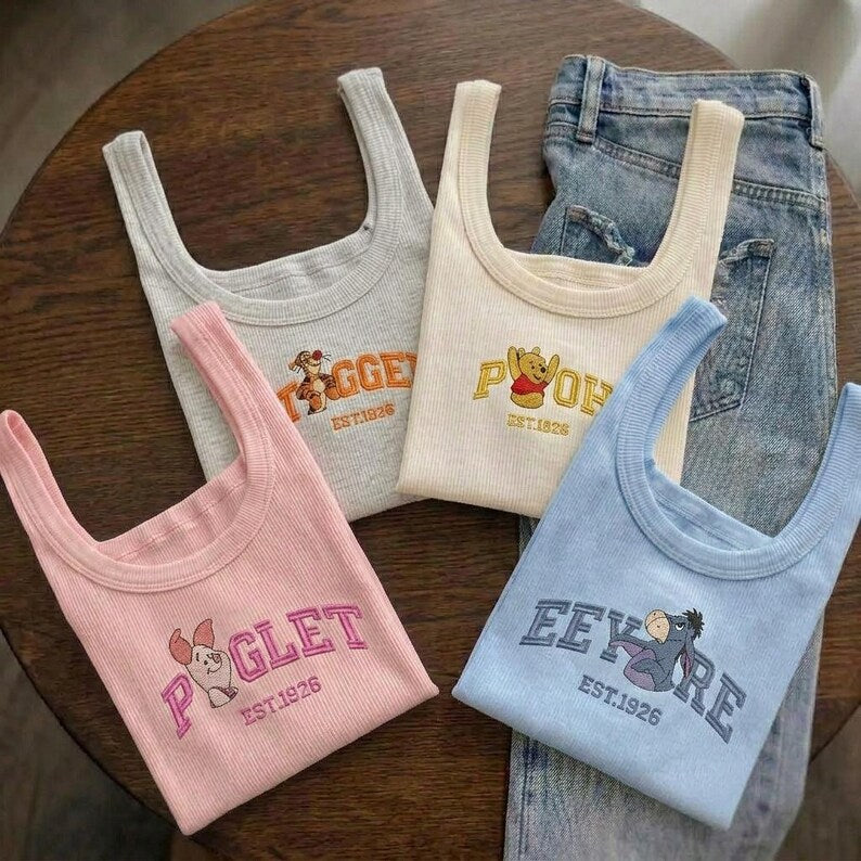 Pooh and Friends Embroidered Tank Top, Winnie The Pooh Tigger Piglet Eeyore Cartoon Tank, Cute Disney Outfit