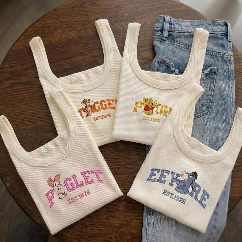 Pooh and Friends Embroidered Tank Top, Winnie The Pooh Tigger Piglet Eeyore Cartoon Tank, Cute Disney Outfit