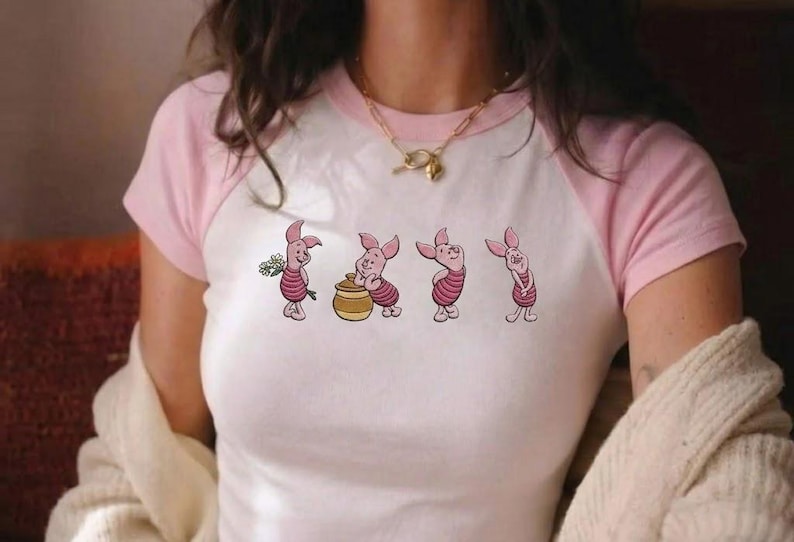 Embroidered Piglet Story Raglan Baby Tee, Walking Character Sequence Shirt, Retro Winnie The Pooh Disney Outfit