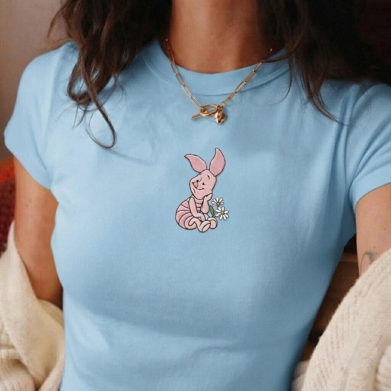 Embroidered Piglet and Friends Baby Tee Crop Top, Winnie The Pooh Girls Trip Shirt, WDW Disneyland Outfit Tee
