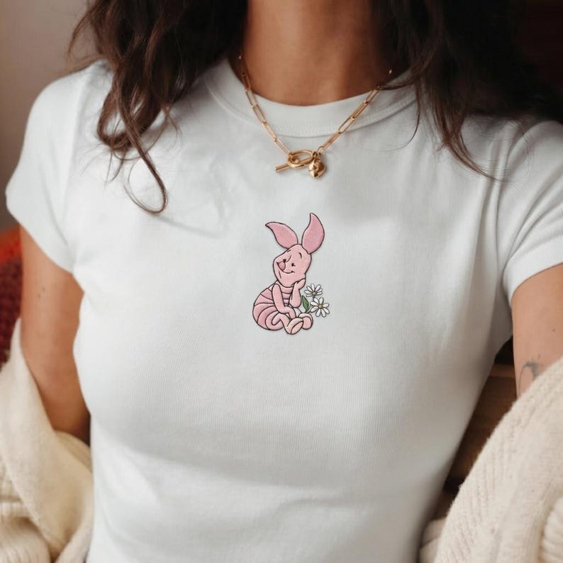 Embroidered Piglet and Friends Baby Tee Crop Top, Winnie The Pooh Girls Trip Shirt, WDW Disneyland Outfit Tee