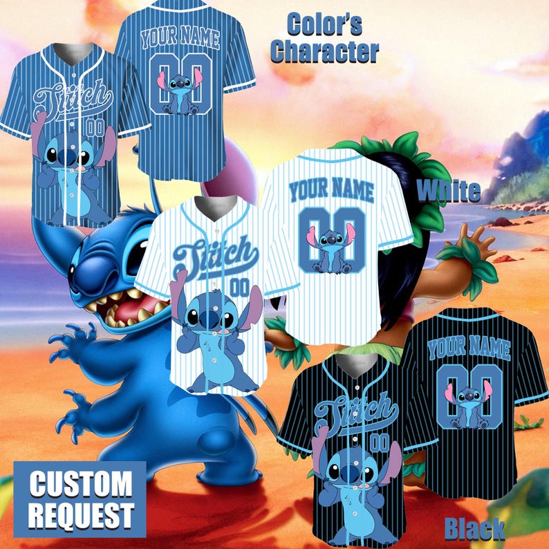 Personalized Lilo and Stitch Characters Baseball Jersey, Stitch & Angel Sport Jersey Disney Family Shirts Matching Team Outfit Birthday Gift
