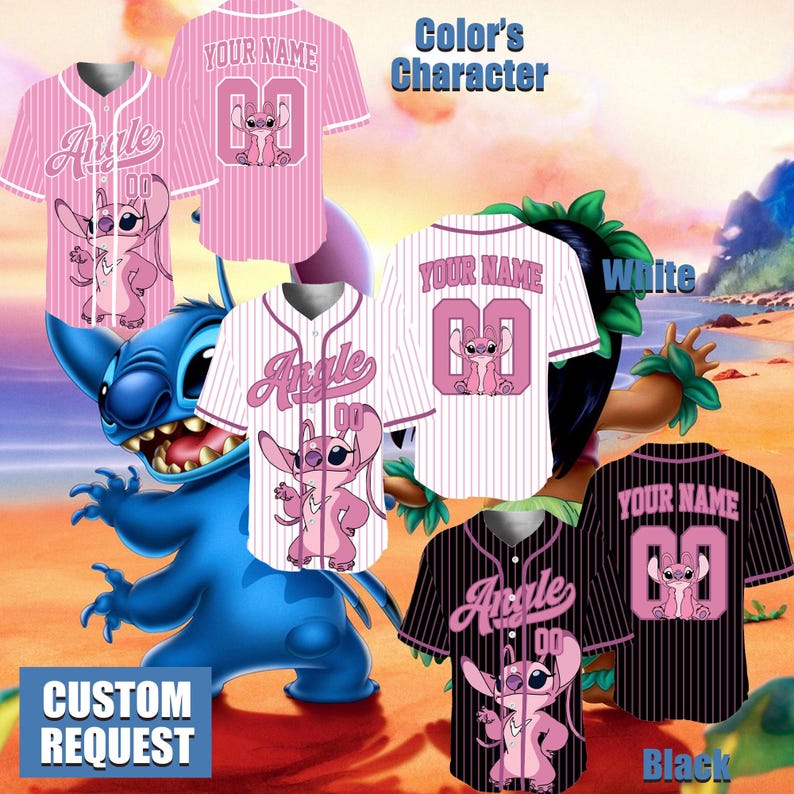 Personalized Lilo and Stitch Characters Baseball Jersey, Stitch & Angel Sport Jersey Disney Family Shirts Matching Team Outfit Birthday Gift