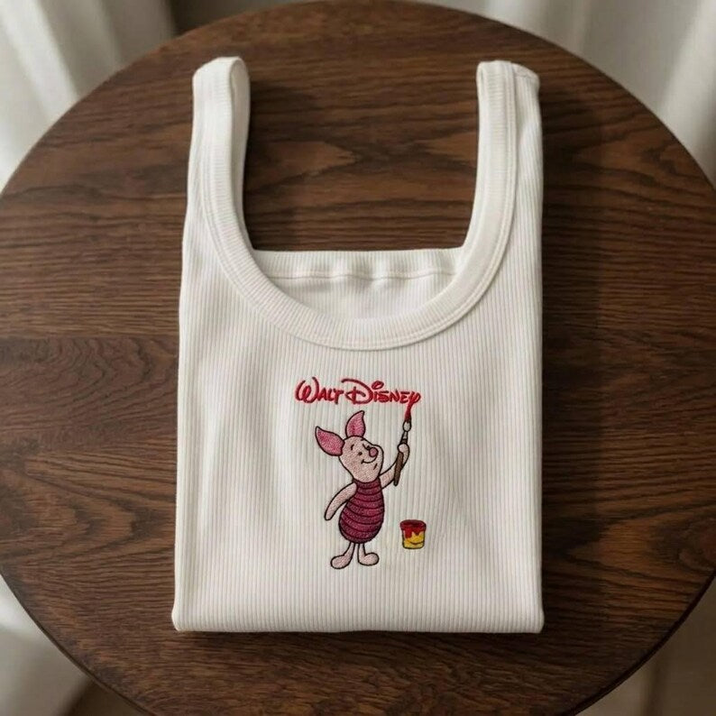 Embroidered Disney Artist Piglet Tank Top, Classic Winnie The Pooh Retro Park Outfit, Cute Vacation Gift Top