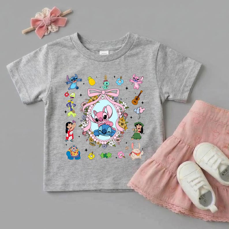 Lilo and Stitch Shirt,Coquette Bow Stitch and Angel Tee,Disney Family Vacation Tee,Ohana Characters Hawaiian Tee,Cute Floral Disney Trip Tee