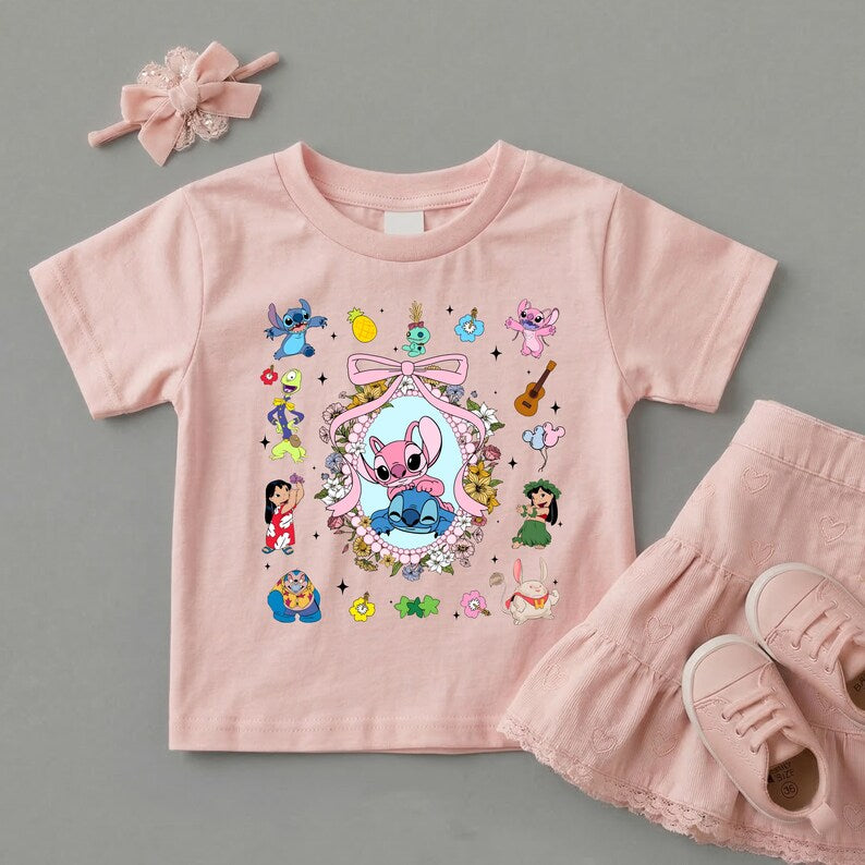 Lilo and Stitch Shirt,Coquette Bow Stitch and Angel Tee,Disney Family Vacation Tee,Ohana Characters Hawaiian Tee,Cute Floral Disney Trip Tee