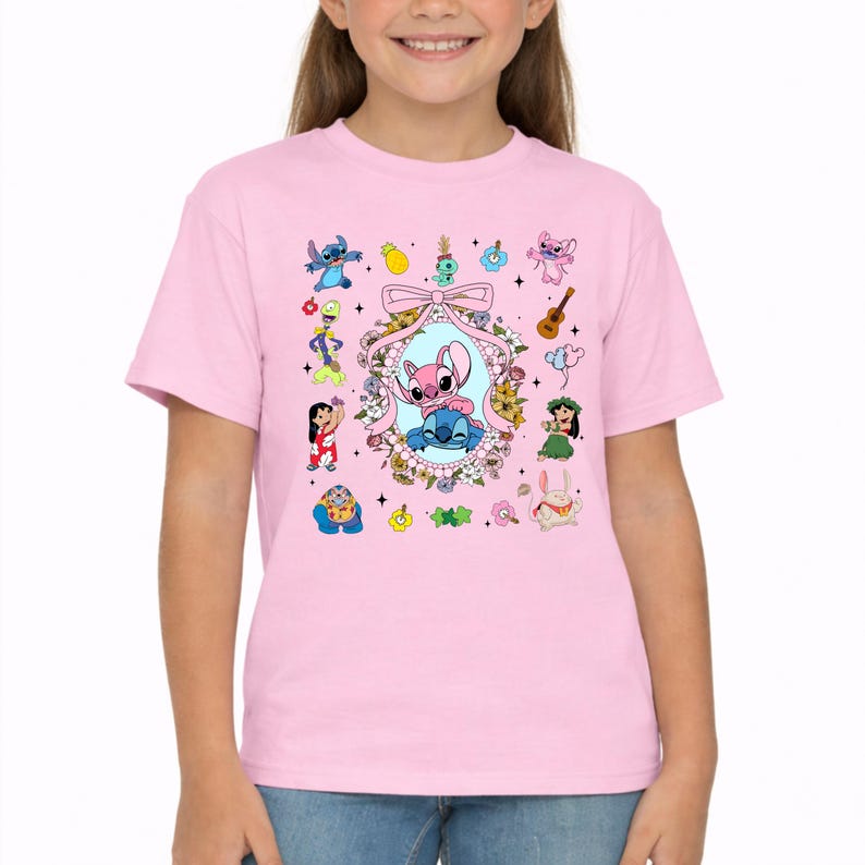 Lilo and Stitch Shirt,Coquette Bow Stitch and Angel Tee,Disney Family Vacation Tee,Ohana Characters Hawaiian Tee,Cute Floral Disney Trip Tee