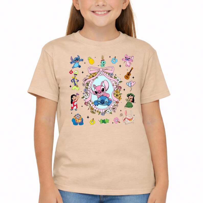 Lilo and Stitch Shirt,Coquette Bow Stitch and Angel Tee,Disney Family Vacation Tee,Ohana Characters Hawaiian Tee,Cute Floral Disney Trip Tee