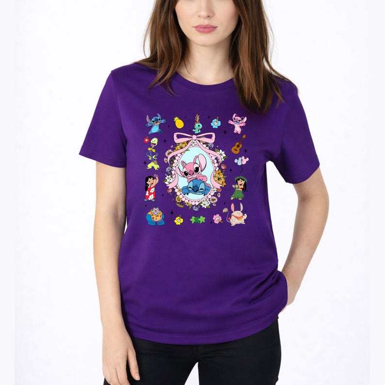 Lilo and Stitch Shirt,Coquette Bow Stitch and Angel Tee,Disney Family Vacation Tee,Ohana Characters Hawaiian Tee,Cute Floral Disney Trip Tee