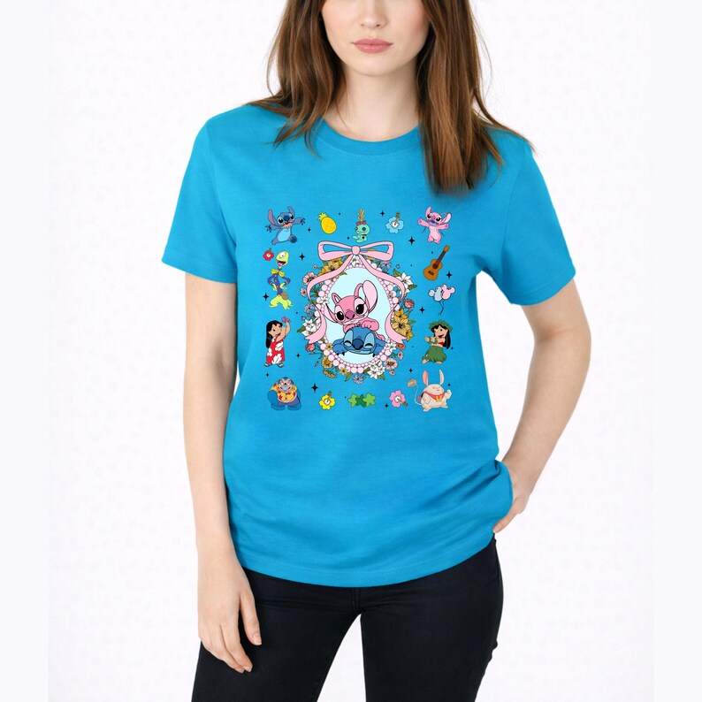 Lilo and Stitch Shirt,Coquette Bow Stitch and Angel Tee,Disney Family Vacation Tee,Ohana Characters Hawaiian Tee,Cute Floral Disney Trip Tee
